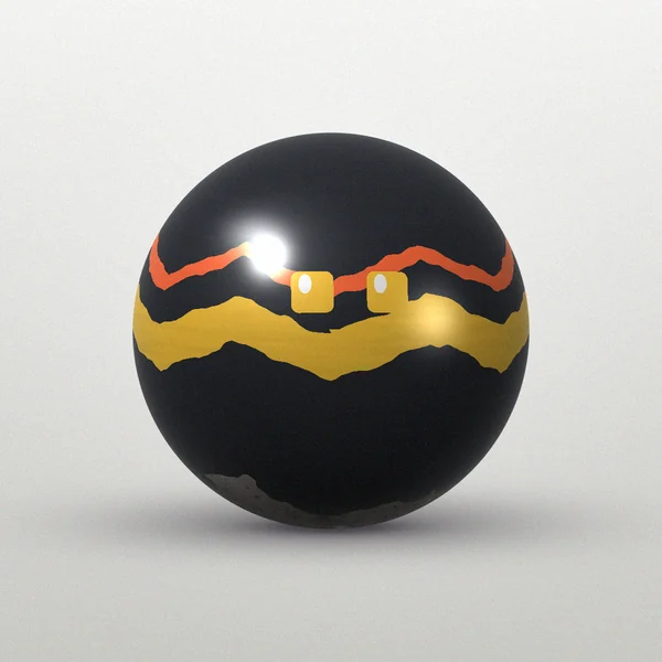 Charcoal spherical rock bot with a gold and orange zigzag