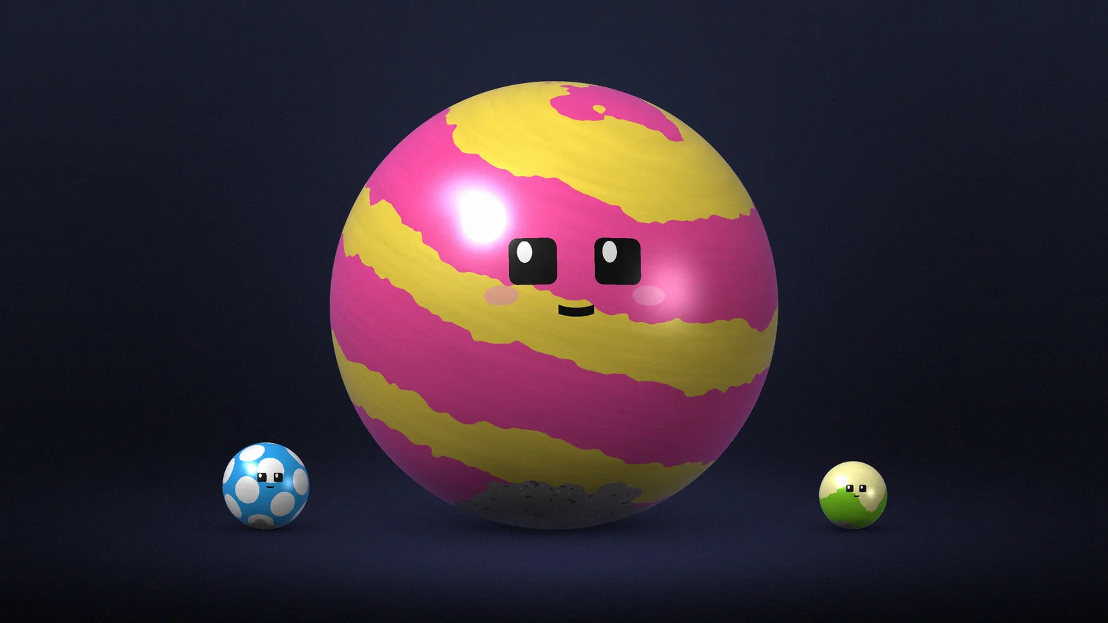A giant, perfectly spherical pink and yellow hand-painted stone ball with a cute bot face, spotlit on a dark keynote stage, flanked by two tiny pebble bots