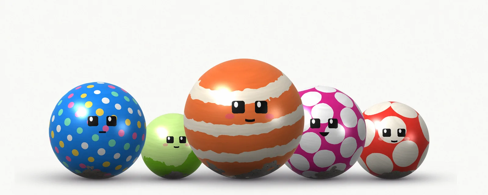 Five perfectly spherical hand-painted rock bots in a row: blue confetti, lime, orange striped, magenta polka dot and red spotted