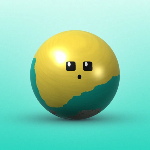 Yellow and teal two-tone spherical rock bot with a surprised mouth