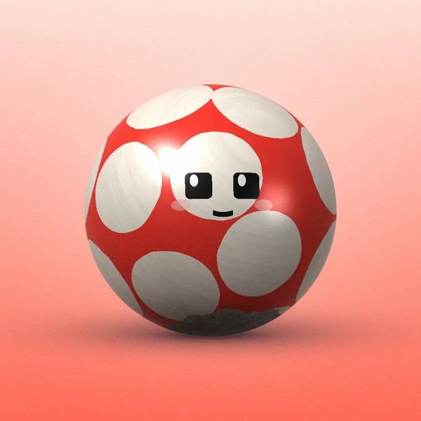Red spherical rock bot with big cream spots and square eyes